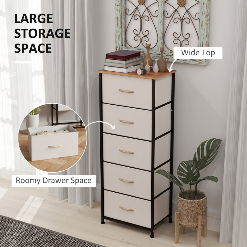 Cream White Fabric Chest of Drawers with 5 Storage Drawers and Wooden Top by HOMCOM