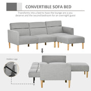 L Shaped Linen Fabric Corner Sofa Bed with Footstool and Wooden Legs for Living Room Light Grey