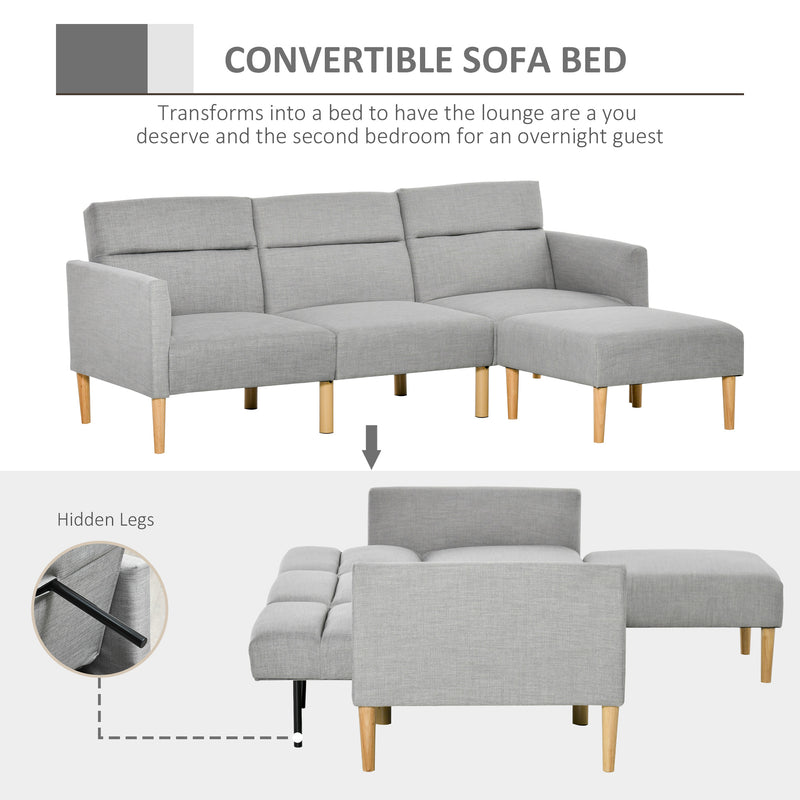 L Shaped Linen Fabric Corner Sofa Bed with Footstool and Wooden Legs for Living Room Light Grey