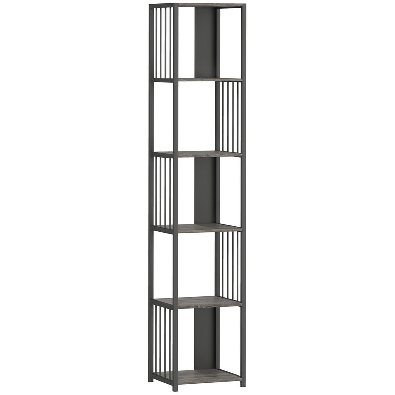 5 Tier Industrial Style Bookshelf with Sturdy Steel Frame for Home or Office, Grey