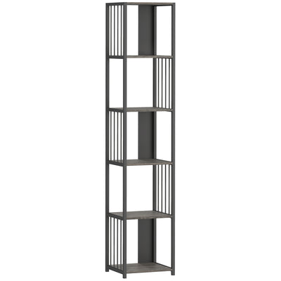 5 Tier Industrial Style Bookshelf with Sturdy Steel Frame for Home or Office, Grey