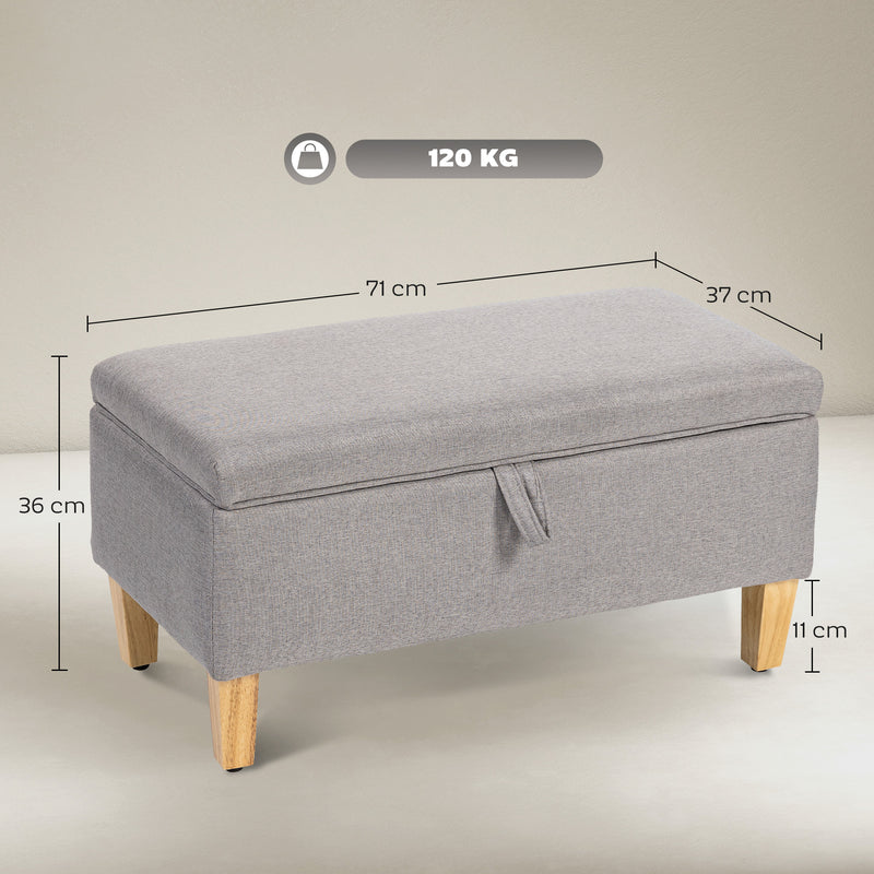 Light Grey 30L Linen Storage Ottoman with Padded Seat and Wooden Legs for Bedroom or Hallway - 71x37x36cm