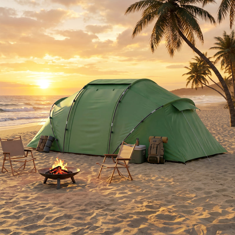 Outsunny 4 Man Camping Tent, UV Protection Tunnel Tent with 2 Bedrooms and Living Area, Large Hiking Sun Shelter, 430 x 240 x 170 cm, Dark Green
