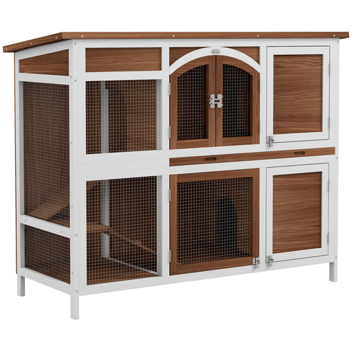 Two Tier Wooden Rabbit Hutch with Pull Out Tray and Openable Roof for Outdoor Use Grey