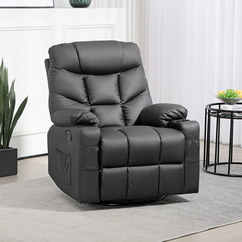 Manual Recliner Armchair With Swivel Base Cup Holders And Footrest For Living Room Black