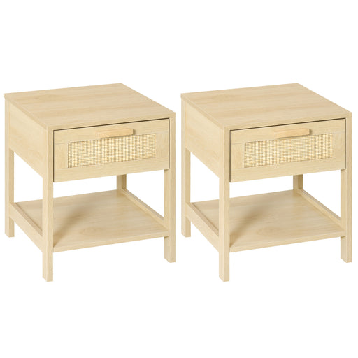 Set of 2 Farmhouse Bedside Tables with Rattan Drawers and Open Shelf Storage Natural
