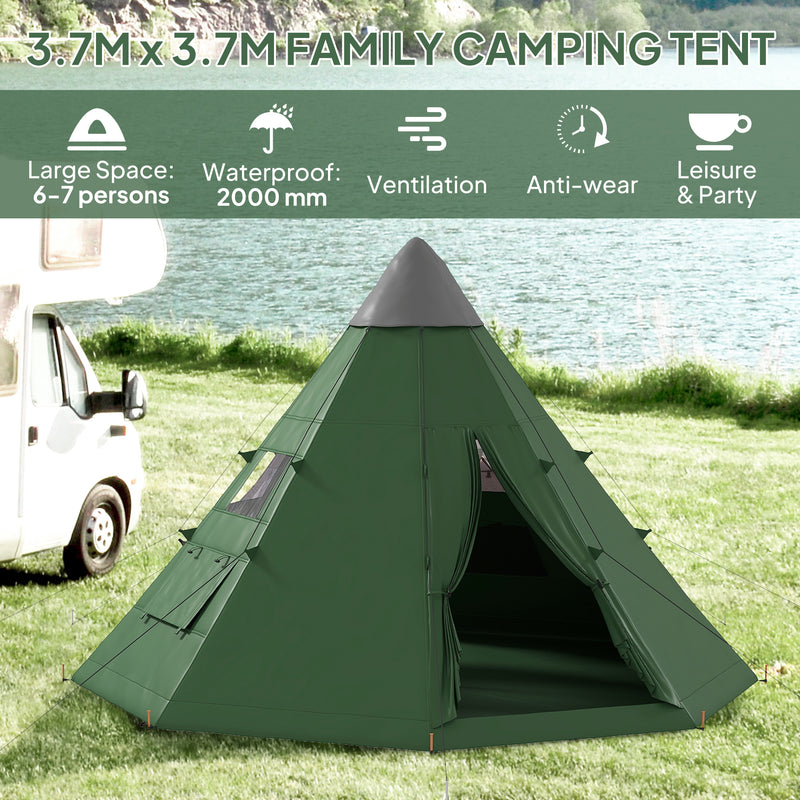 6 Person Tipi Tent with Quick Setup and Spacious Interior for Group Camping Green Black