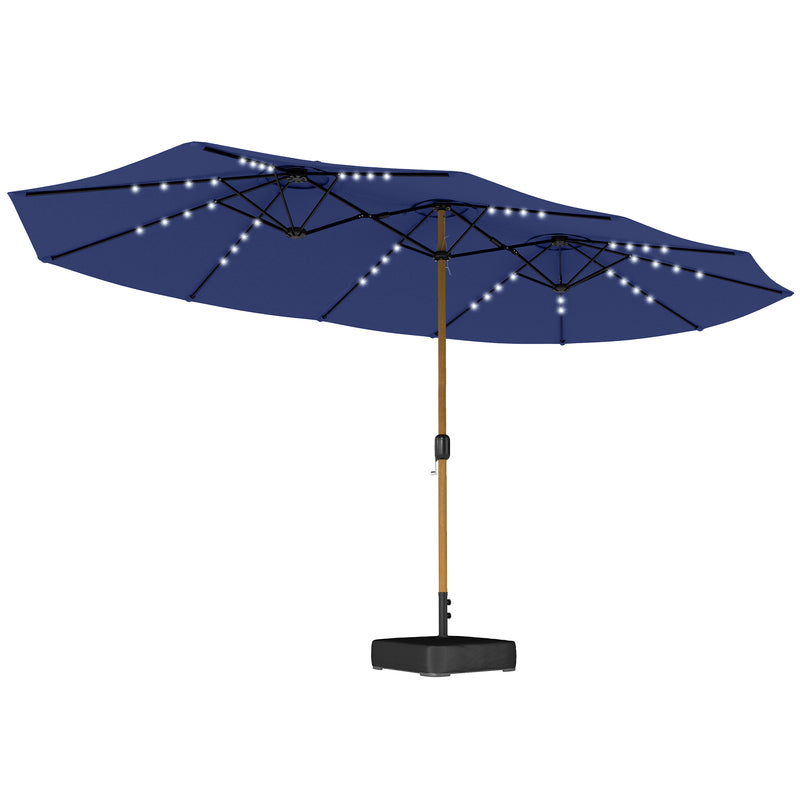 Double Garden Parasol with Extra-Large Canopy and Lights for Shaded Outdoor Dining. Navy Blue