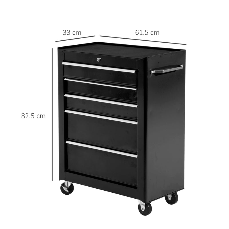 Lockable Black 5 Drawer Steel Tool Chest With Wheels For Garage Or Workshop Storage