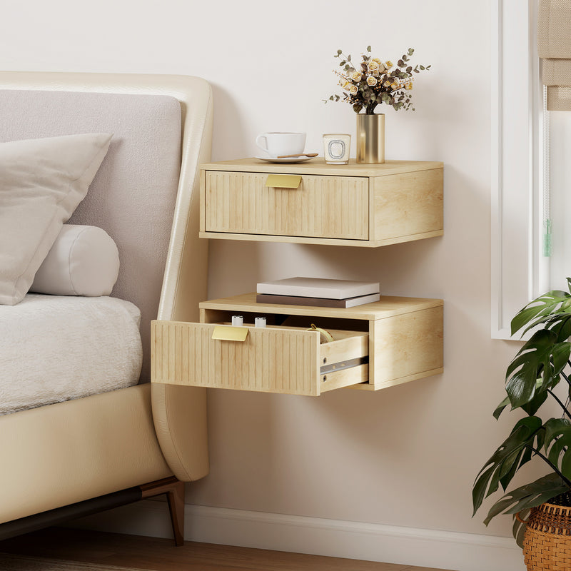 Floating Wall Mounted Bedside Table Set with Drawer for Clutter Free Storage Oak