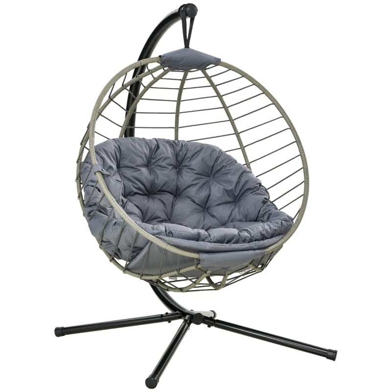 Large Grey Hanging Egg Chair, Foldable, Cushion, Metal Stand