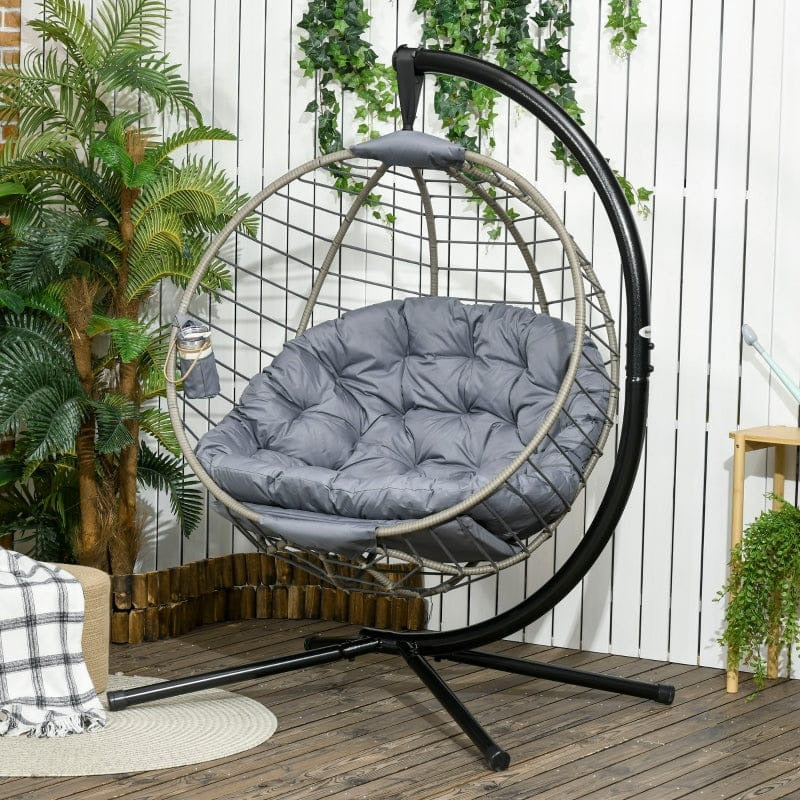 Large Grey Hanging Egg Chair, Foldable, Cushion, Metal Stand