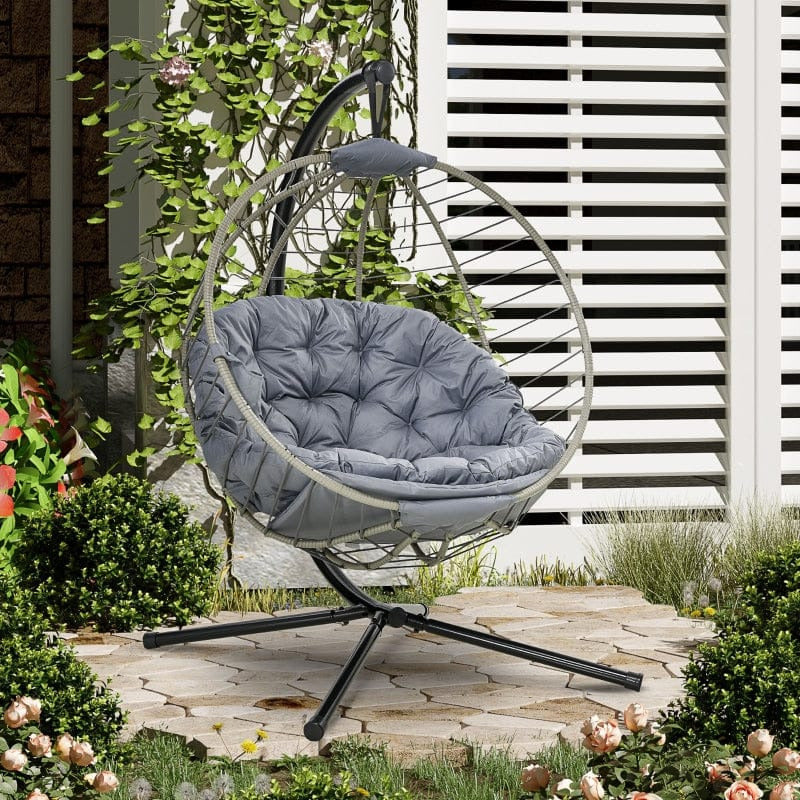 Large Grey Hanging Egg Chair, Foldable, Cushion, Metal Stand