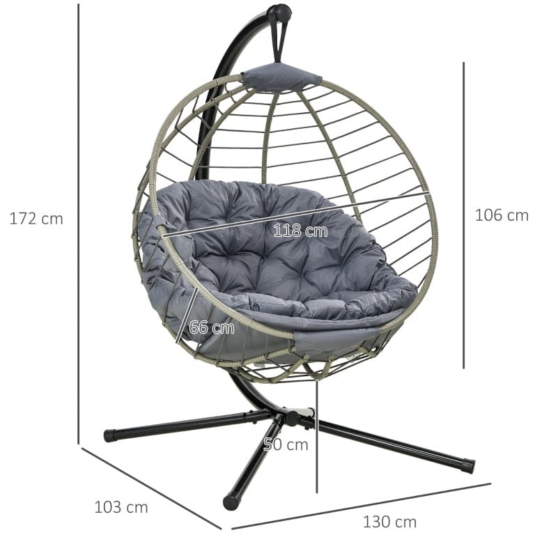 Large Grey Hanging Egg Chair, Foldable, Cushion, Metal Stand