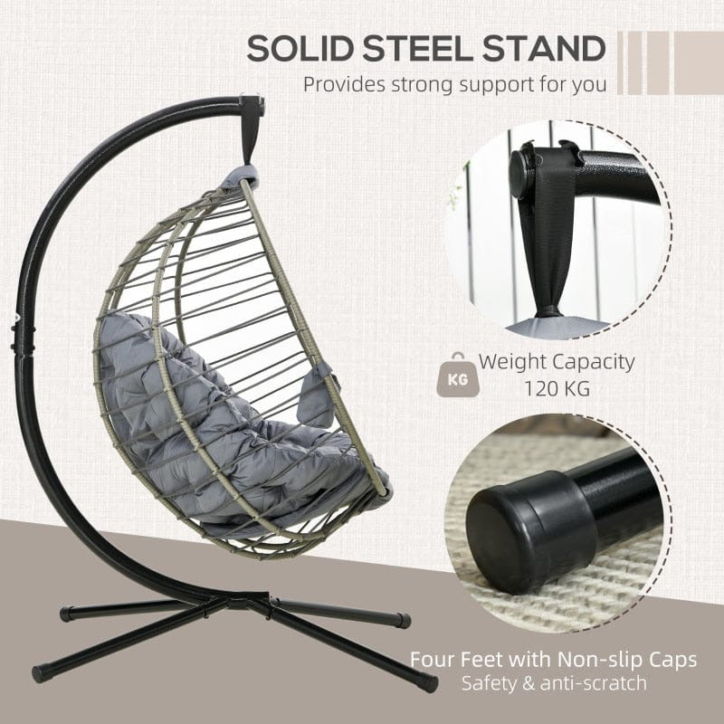 Large Grey Hanging Egg Chair, Foldable, Cushion, Metal Stand