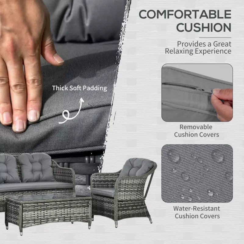 4pc Grey Rattan Patio Furniture with Cushions & Table