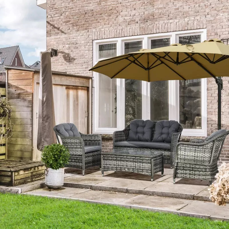 4pc Grey Rattan Patio Furniture with Cushions & Table