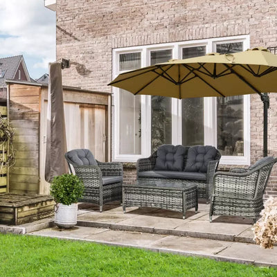 4pc Grey Rattan Patio Furniture with Cushions & Table Outsunny