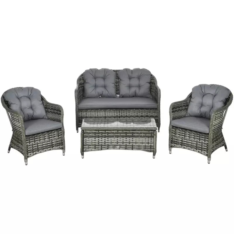 4pc Grey Rattan Patio Furniture with Cushions & Table