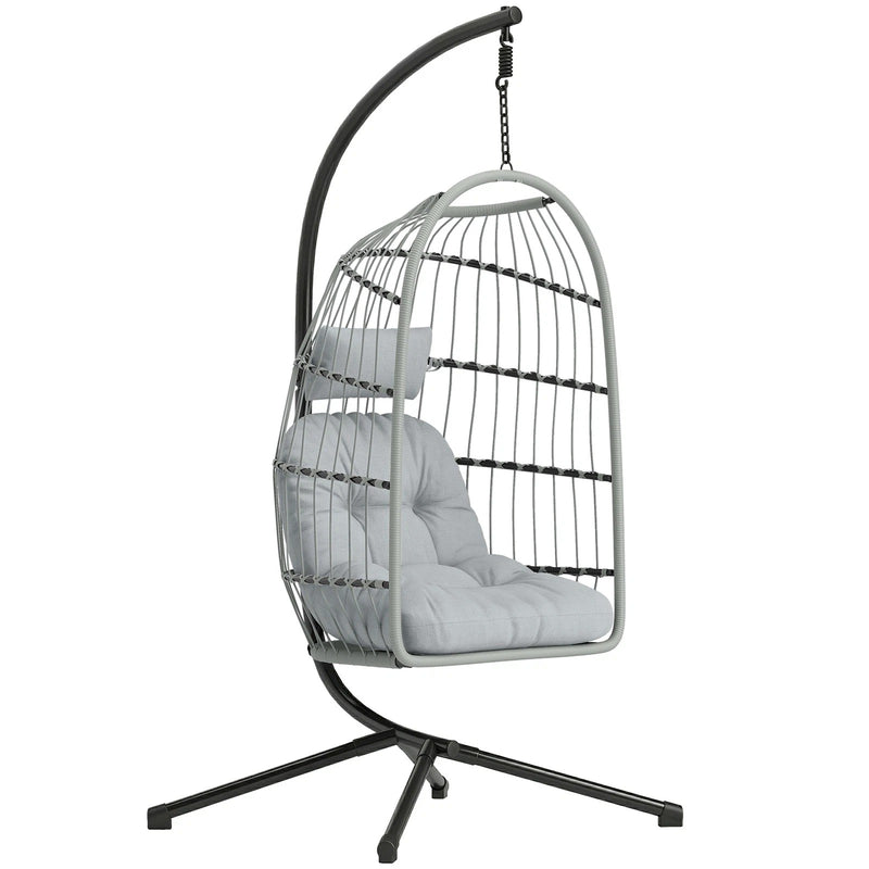 Grey Hanging Egg Chair with Stand for Relaxing Indoors or Outdoors Foldable Basket