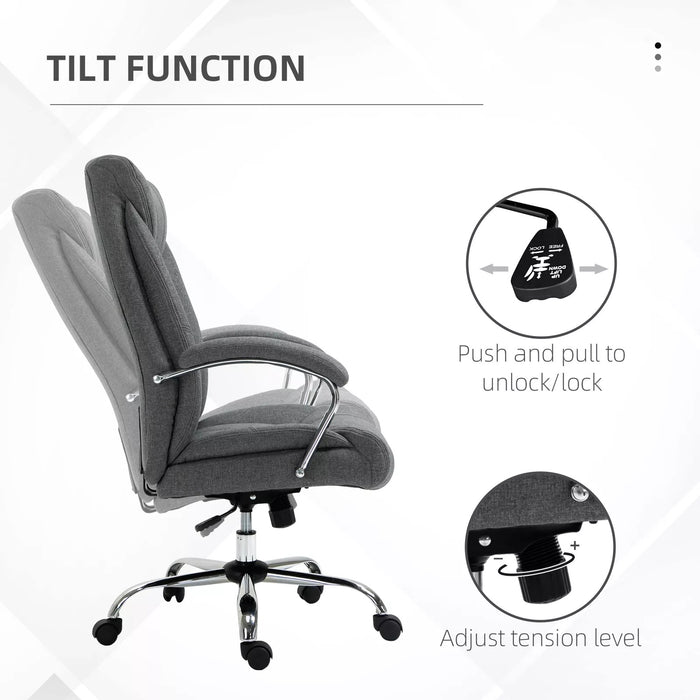 Image of a grey fabric office chair with wheels