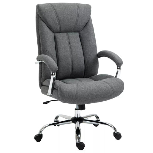 Image of a grey fabric office chair with wheels