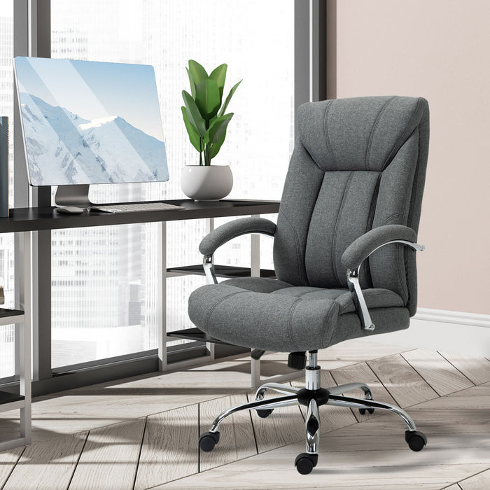 Image of a grey fabric office chair with wheels