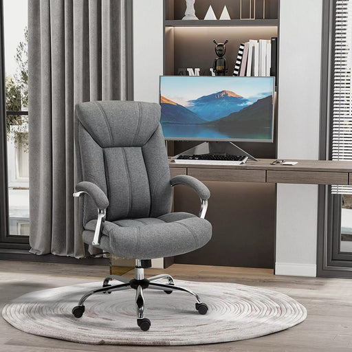 Image of a grey fabric office chair with wheels