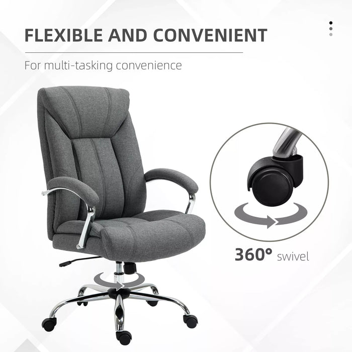 Image of a grey fabric office chair with wheels