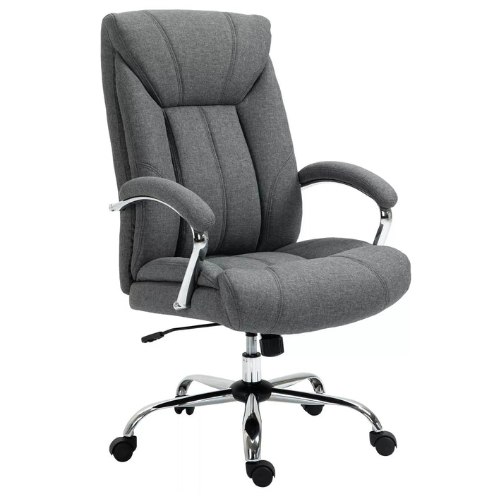 Image of a grey fabric office chair with wheels