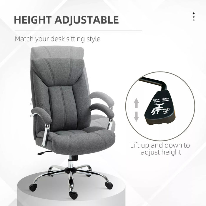 Image of a grey fabric office chair with wheels