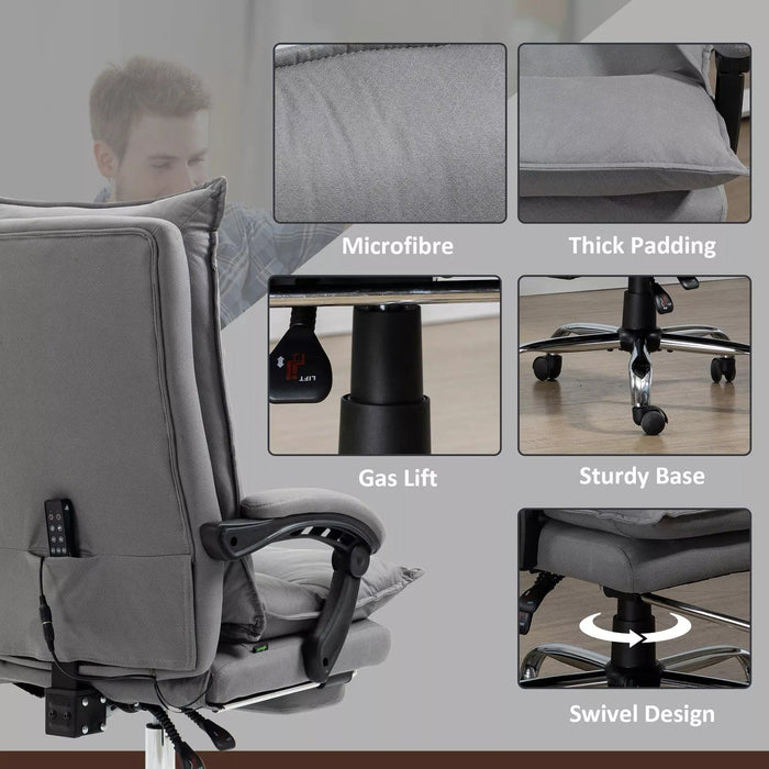 Image of a Grey Heated Massage Office Chair With Footrest and swivel wheels.