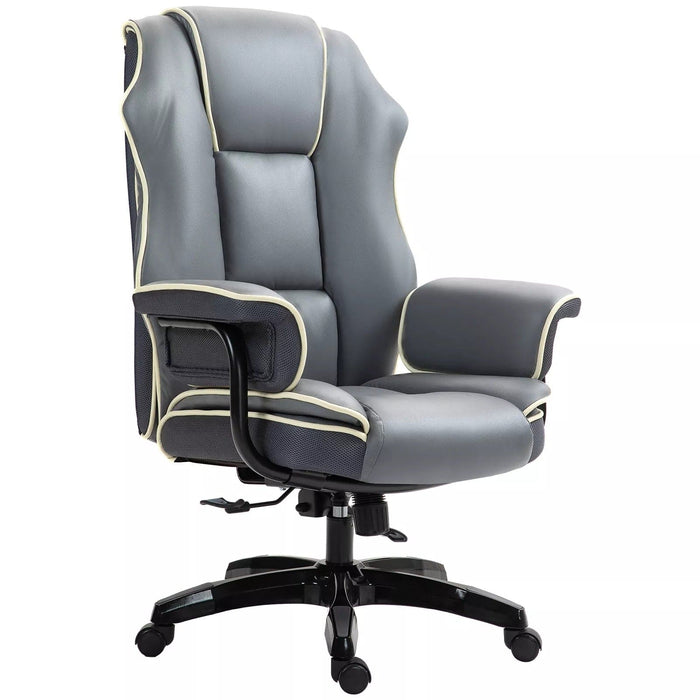 Image of a Grey Leather Executive Office Chair With Wheels For Home Office. This comfortable desk chair features a thick padded seat, armrests, swivel wheels and height and reclining back.