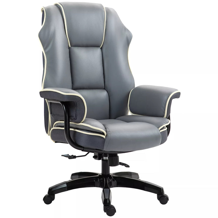 Image of a Grey Leather Executive Office Chair With Wheels For Home Office. This comfortable desk chair features a thick padded seat, armrests, swivel wheels and height and reclining back.