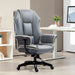 Image of a Grey Leather Executive Office Chair With Wheels For Home Office. This comfortable desk chair features a thick padded seat, armrests, swivel wheels and height and reclining back.