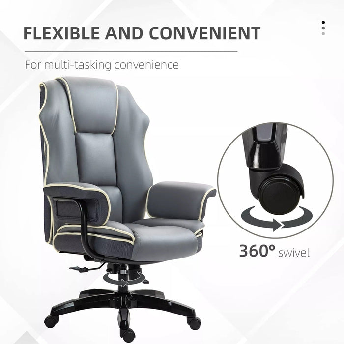 Image of a Grey Leather Executive Office Chair With Wheels For Home Office. This comfortable desk chair features a thick padded seat, armrests, swivel wheels and height and reclining back.