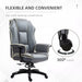 Image of a Grey Leather Executive Office Chair With Wheels For Home Office. This comfortable desk chair features a thick padded seat, armrests, swivel wheels and height and reclining back.