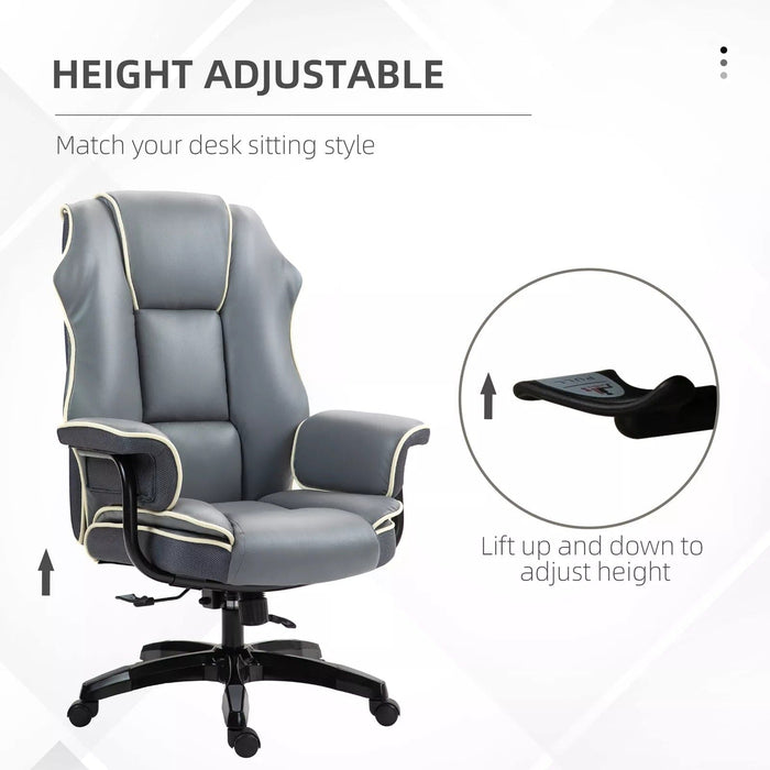 Image of a Grey Leather Executive Office Chair With Wheels For Home Office. This comfortable desk chair features a thick padded seat, armrests, swivel wheels and height and reclining back.