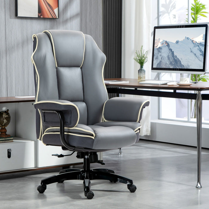 Image of a Grey Leather Executive Office Chair With Wheels For Home Office. This comfortable desk chair features a thick padded seat, armrests, swivel wheels and height and reclining back.