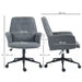 Image of a modern office desk chair upholstered in a stylish grey linen. The desk chair has a mid back with button tufting, armrests, swivel wheels, and adjustable height and backrest. This comfortable office chair is modern for yoru home office.