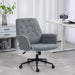 Image of a modern office desk chair upholstered in a stylish grey linen. The desk chair has a mid back with button tufting, armrests, swivel wheels, and adjustable height and backrest. This comfortable office chair is modern for yoru home office.