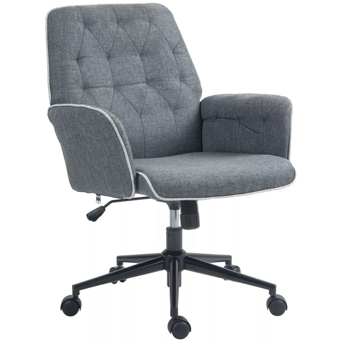 Image of a modern office desk chair upholstered in a stylish grey linen. The desk chair has a mid back with button tufting, armrests, swivel wheels, and adjustable height and backrest. This comfortable office chair is modern for yoru home office.