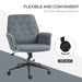 Image of a modern office desk chair upholstered in a stylish grey linen. The desk chair has a mid back with button tufting, armrests, swivel wheels, and adjustable height and backrest. This comfortable office chair is modern for yoru home office.