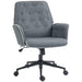 Image of a modern office desk chair upholstered in a stylish grey linen. The desk chair has a mid back with button tufting, armrests, swivel wheels, and adjustable height and backrest. This comfortable office chair is modern for yoru home office.