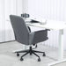 Image of a modern office desk chair upholstered in a stylish grey linen. The desk chair has a mid back with button tufting, armrests, swivel wheels, and adjustable height and backrest. This comfortable office chair is modern for yoru home office.