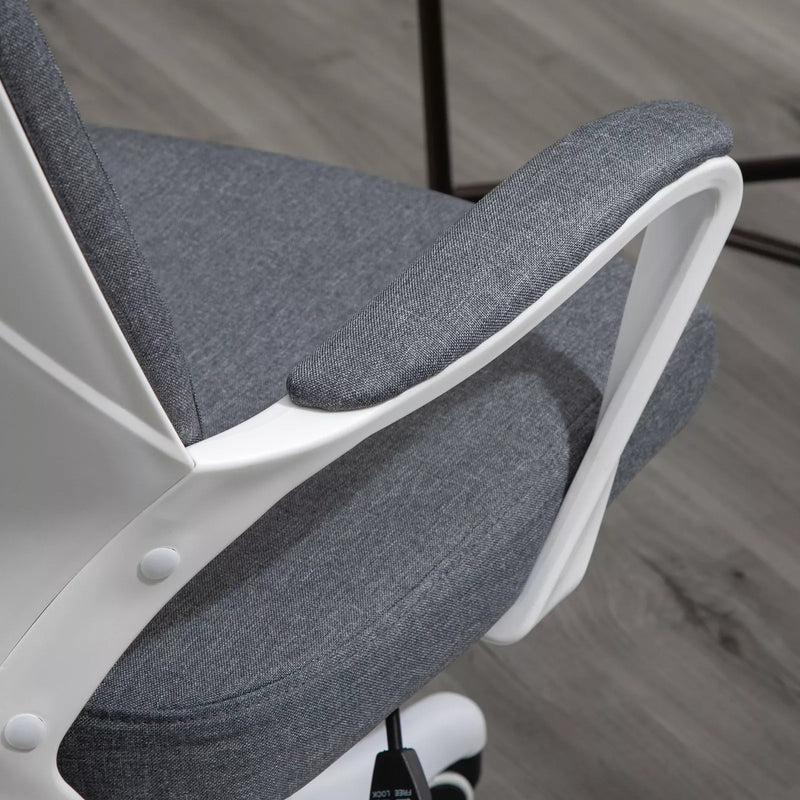 Image of a grey office chair with wheels and lumbar support.