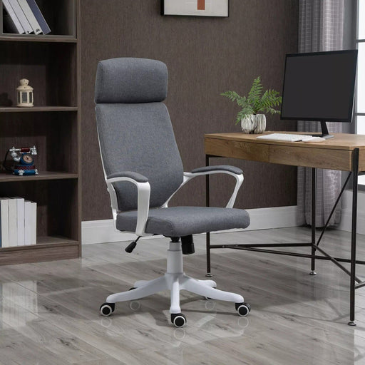 Image of a grey office chair with wheels and lumbar support.