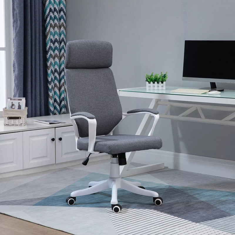 Image of a grey office chair with wheels and lumbar support.