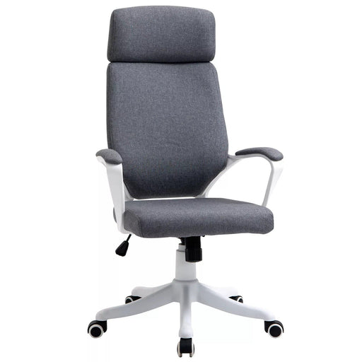 Image of a grey office chair with wheels and lumbar support.