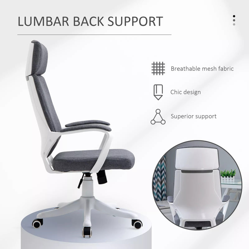 Image of a grey office chair with wheels and lumbar support.